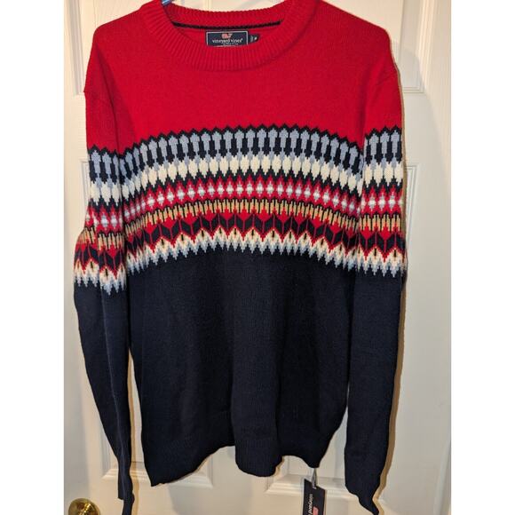Vineyard Vines Sweater Mens Medium Fair Isle Crew Blue Nautical Red Pullover - Picture 1 of 7